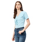 Rare Women Casual SkyBlue Colour V-Neck Solid Regular Top