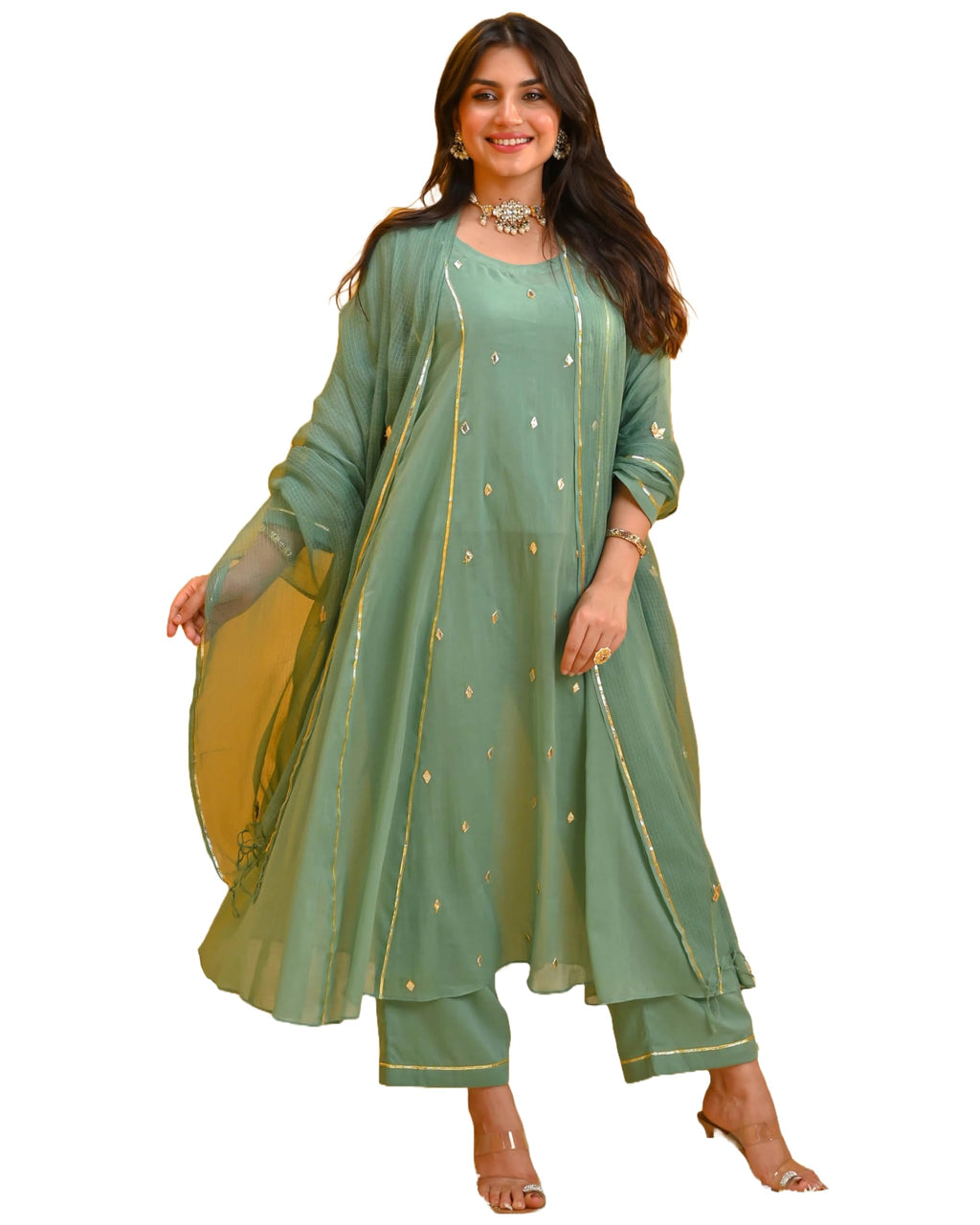 ANNI DESIGNER Womens Rayon Viscose Embellished Anarkali Kurta with Pant & Dupatta (Tapuram Green_L_Green_Large)