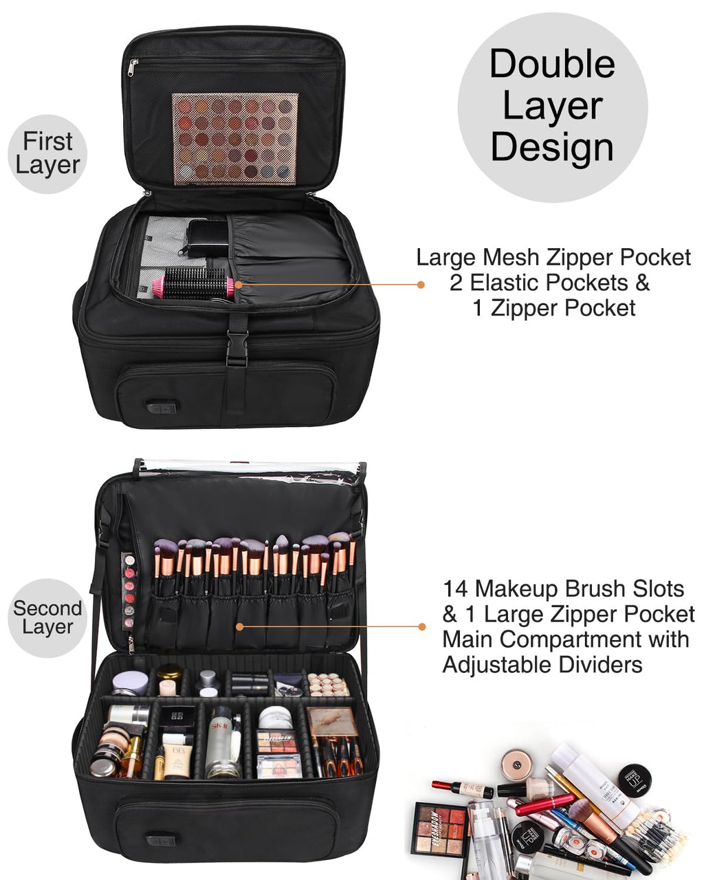 Relavel Rolling Makeup Case with 4 Clear Makeup Bags, Makeup Backpack with Adjustable Dividers,Cosmetic Train Case Storage with