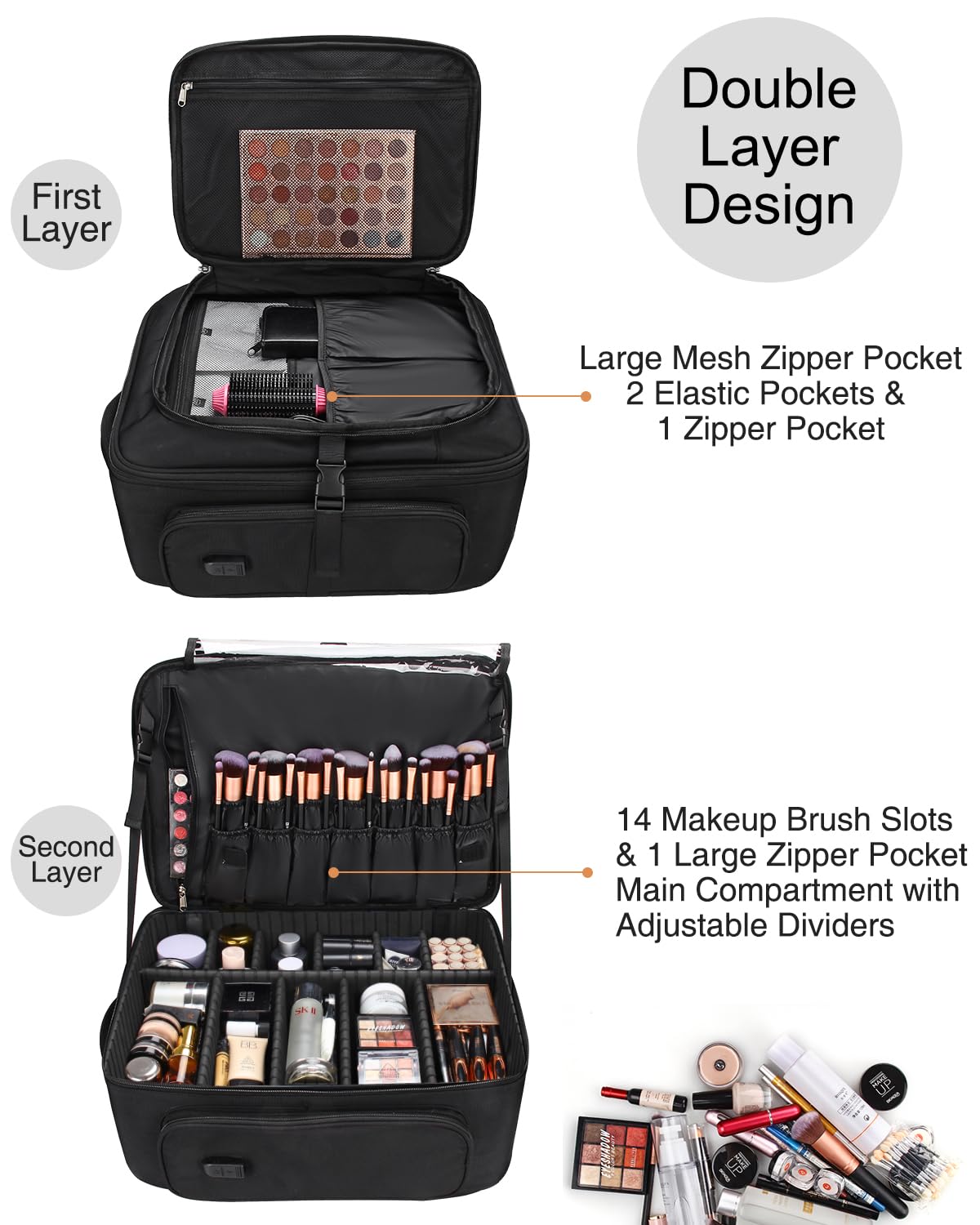 Relavel Rolling Makeup Case with 4 Clear Makeup Bags, Makeup Backpack with Adjustable Dividers,Cosmetic Train Case Storage with