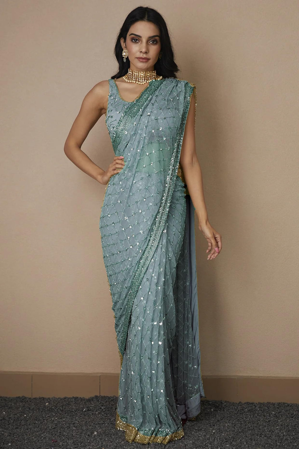 Vairagee Women Soft Net Silk Jari Square Shape Embroidery & Sequence Work Saree With Unstiched Blouse