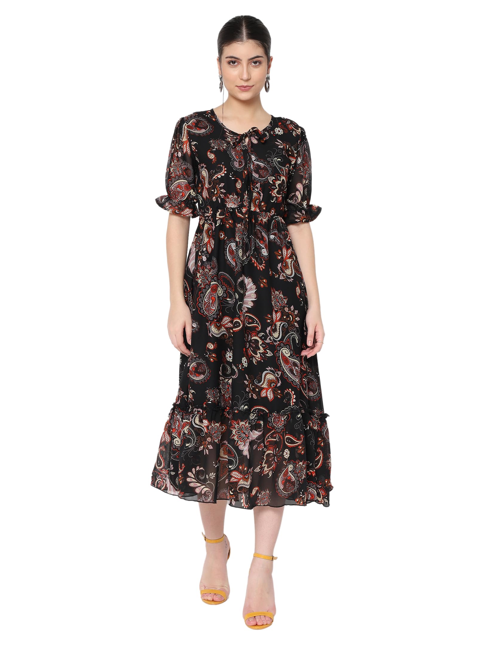 Avanova Georgette Black Round Neck Maxi Western Dresses For Women (Dress 81 Black S)