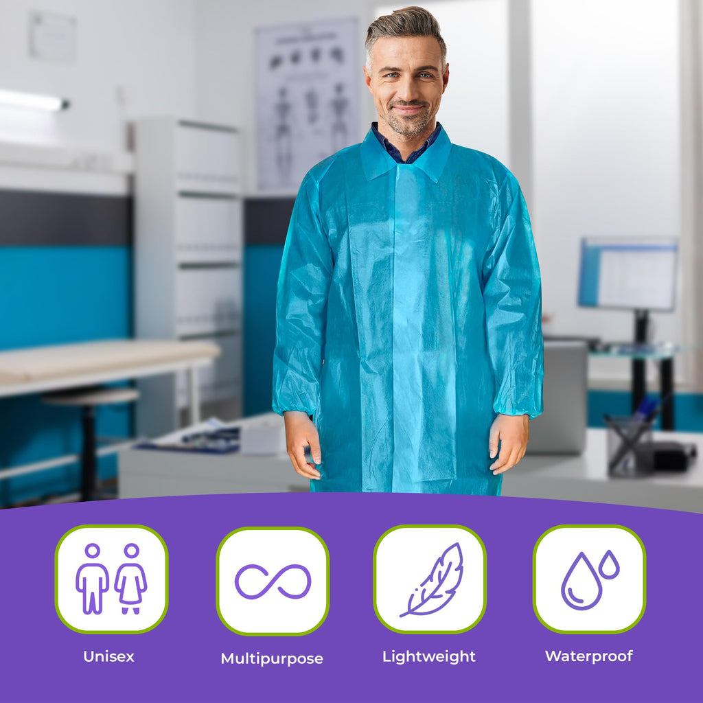 Disposable gowns Large Pack of 10 Blue Lab coat Men 40 gsm Polypropylene Polyethylene Surgical gowns with collar Loop Fastener L