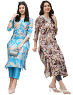 Gosriki Women'S Cotton Blend Printed Straight Kurta With Pant Pack Of 2 (Jonaki Blue-Southz Wine-Gs_L_Multi_Large)