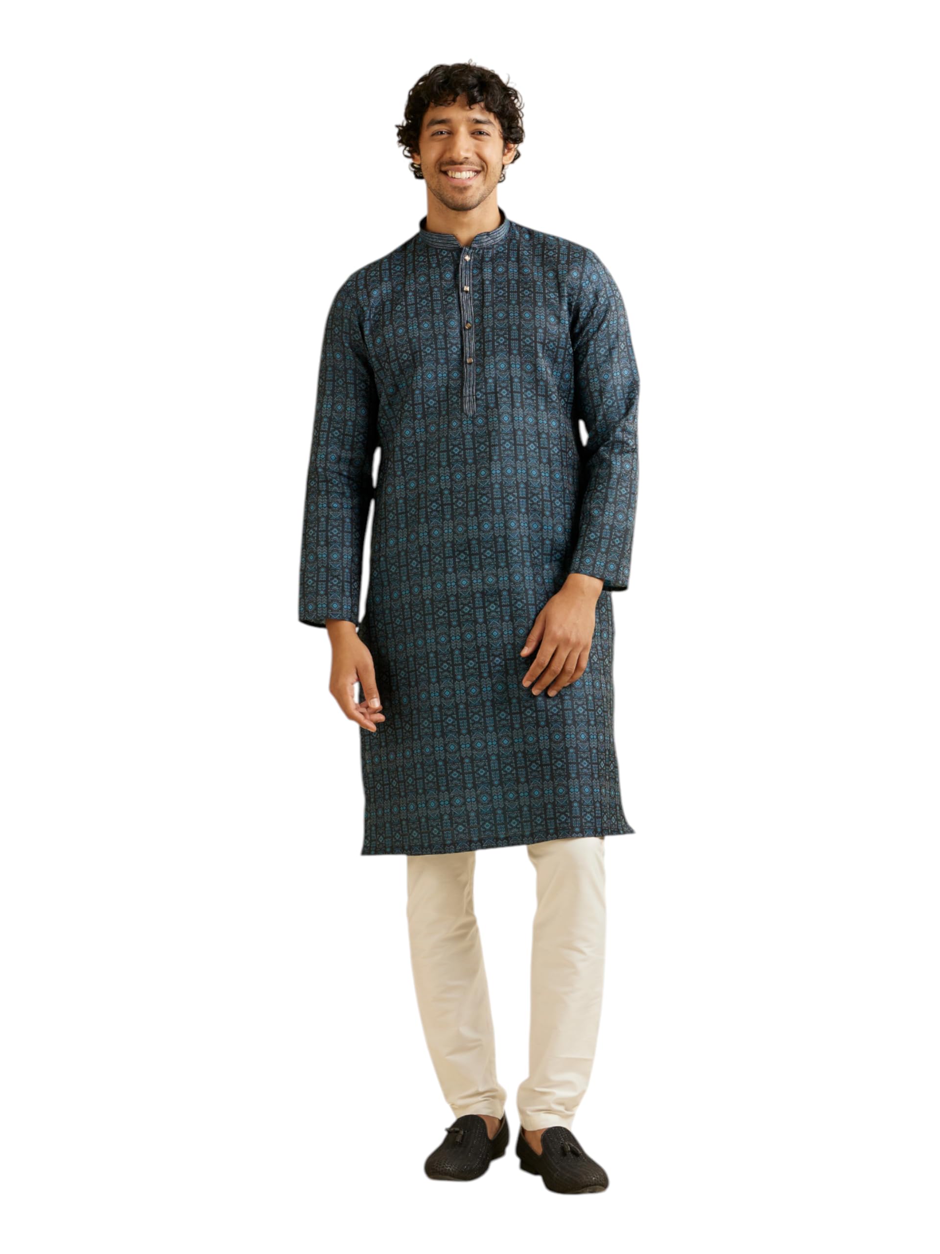 Manyavar MenS Cotton Blend Aztec Printed Kurta Set (Dark Blue,L)
