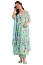 W For Woman Floral Printed Lace Flared Pure Cotton Kurta & Straight Pant With Dupatta Set (Size: M)-Ws12400-121997