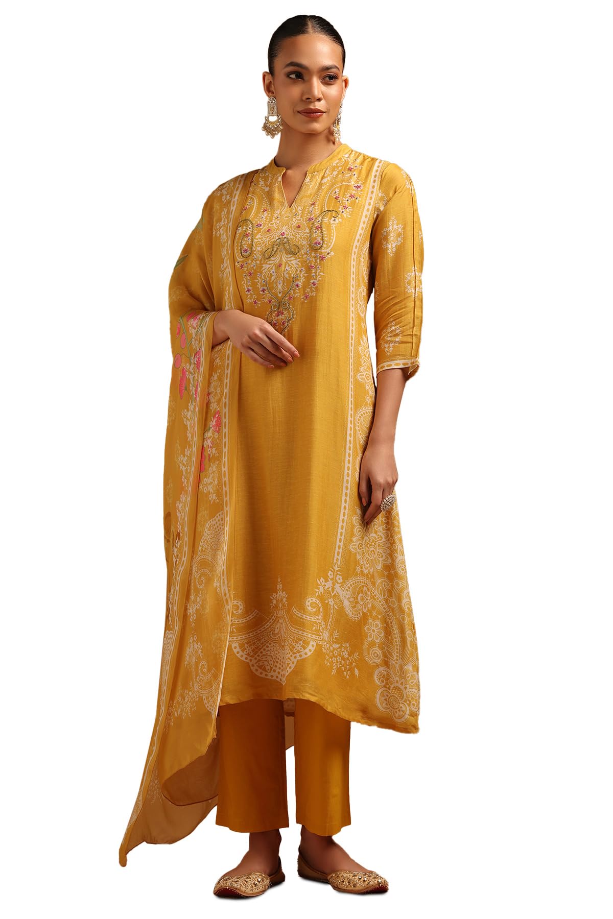 Soch Women Linen Botanical Suit Set with Hand Embroidery and Threadwork
