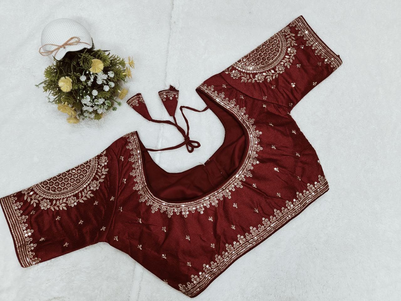 Pujia Mills Womens Readymade Blouse Embroidery Golden Zari Coding Sequence Thread Work Indian Ethnic Designer Stitched Half Slee