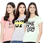 Preneum Womens Cotton Regular Fit Latest Graphic Stylish Printed Short Sleeves Casual T-Shirt || Trendy & Styles (Pack 3), Peac