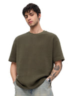 The Souled Store Textured T-Shirt: Olive Men and Boys Short Sleeves Round Neck Solid Cotton Blend Oversized T-Shirts