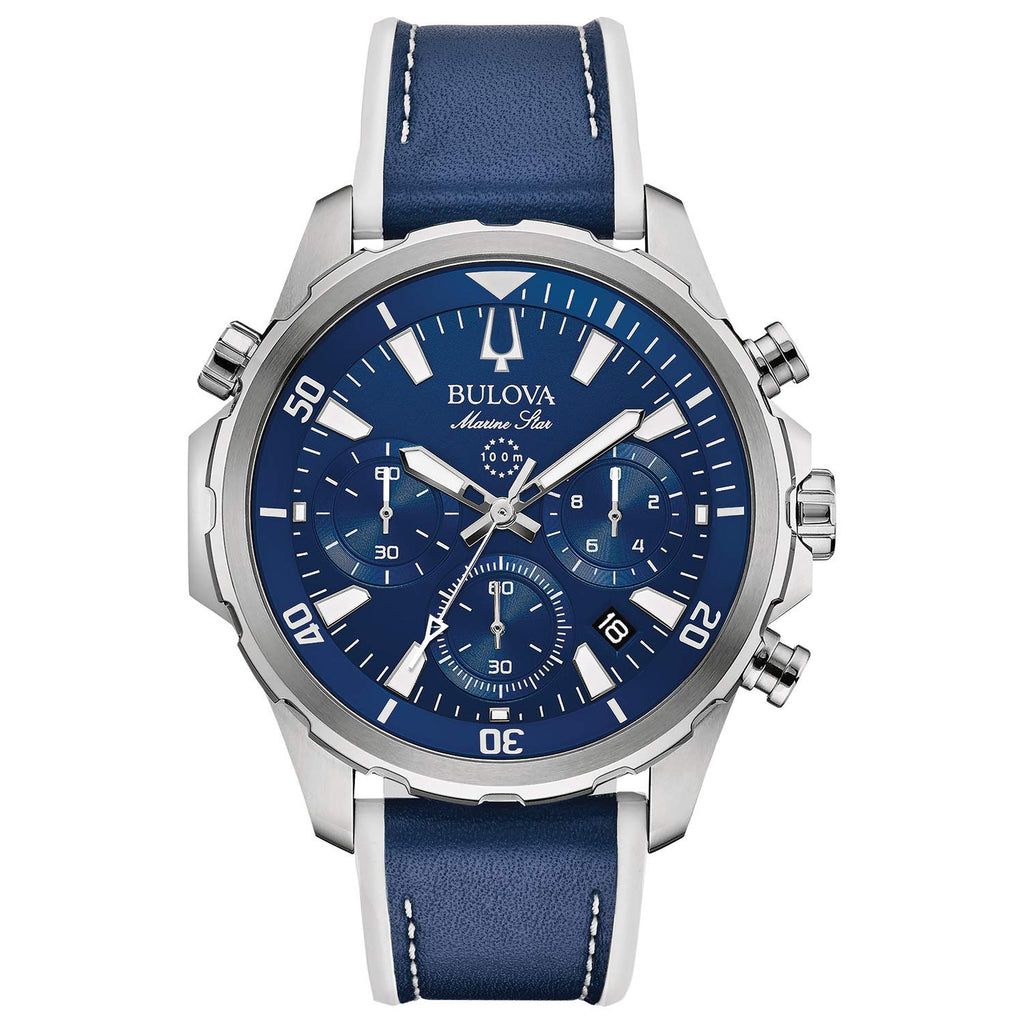 Bulova Men's Marine Star Series B Stainless Steel 6-Hand Chronograph Quartz Watch with Blue Leather and White Silicone Lining St