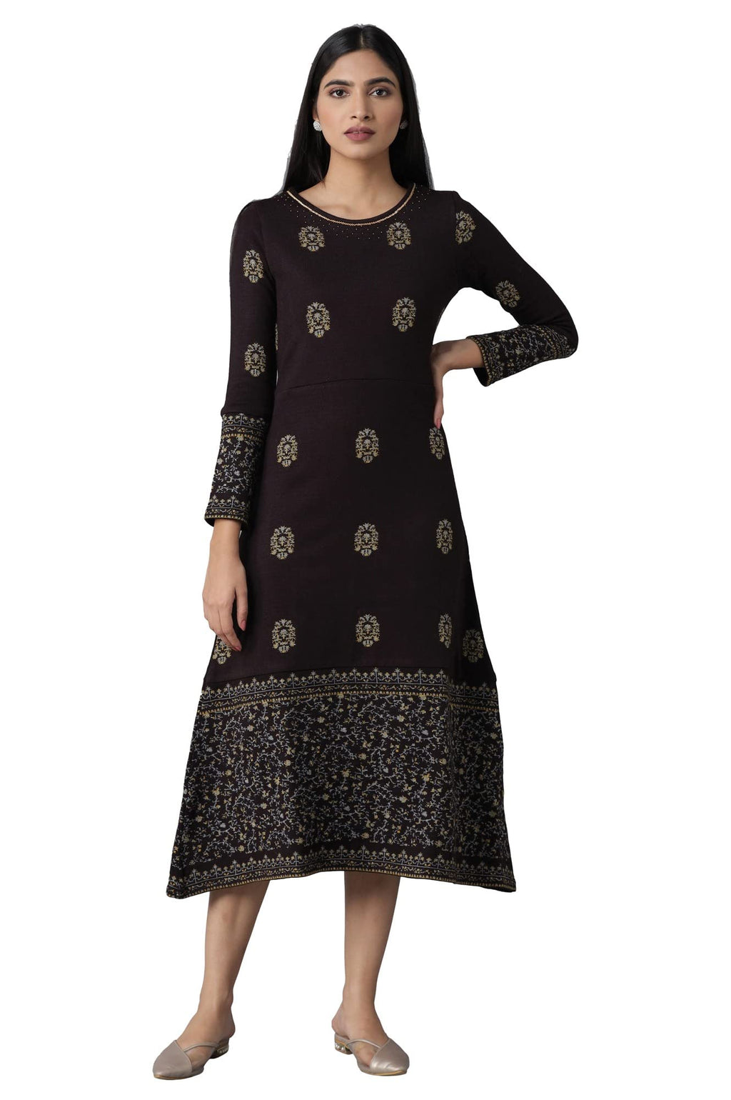 W For Woman Women'S Acrylic Dark Purple Embroidered Winter Dress Below The Knee (21Now16960-311736_Prune_5Xl)