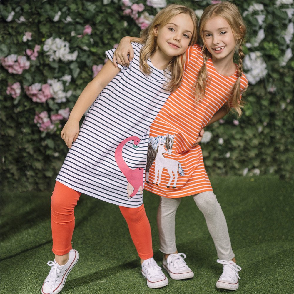 Youlebao Girls Cotton Long Sleeve Casual Cartoon Appliques Striped Jersey Dresses (6T, Orange Horse)