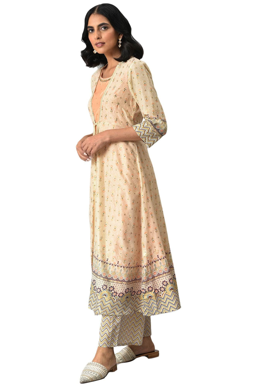 Aurelia Womens Beige Printed Front Open Gilet With Peach Inner Kurta And Beige Straight Palazzo_22AUD10439-503225_S