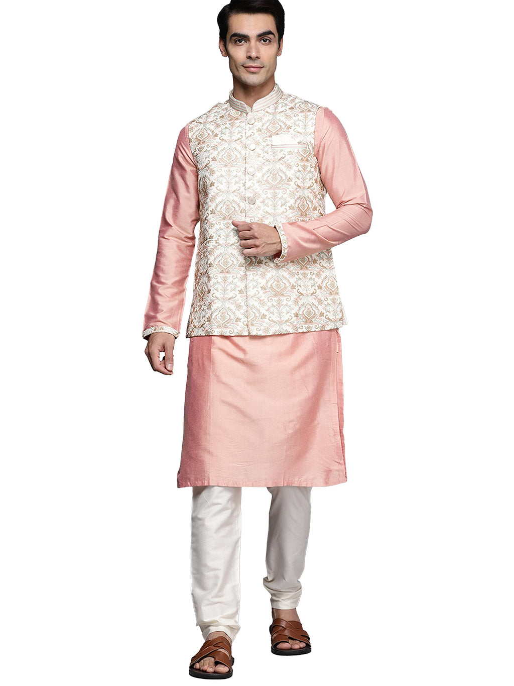 Manyavar Kurta Jacket Set For Men, Full Sleeves Mandarin Collar Ethnic Wear Jacket Set For Festival, Wedding, Party Blended Visc