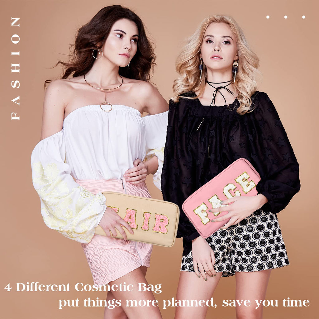 Cunno 4 Pcs Preppy Makeup Bag Chenille Letter Nylon Cosmetic Bag Makeup Bag Toiletry Cosmetic Case Preppy Bag with Zipper Stuff