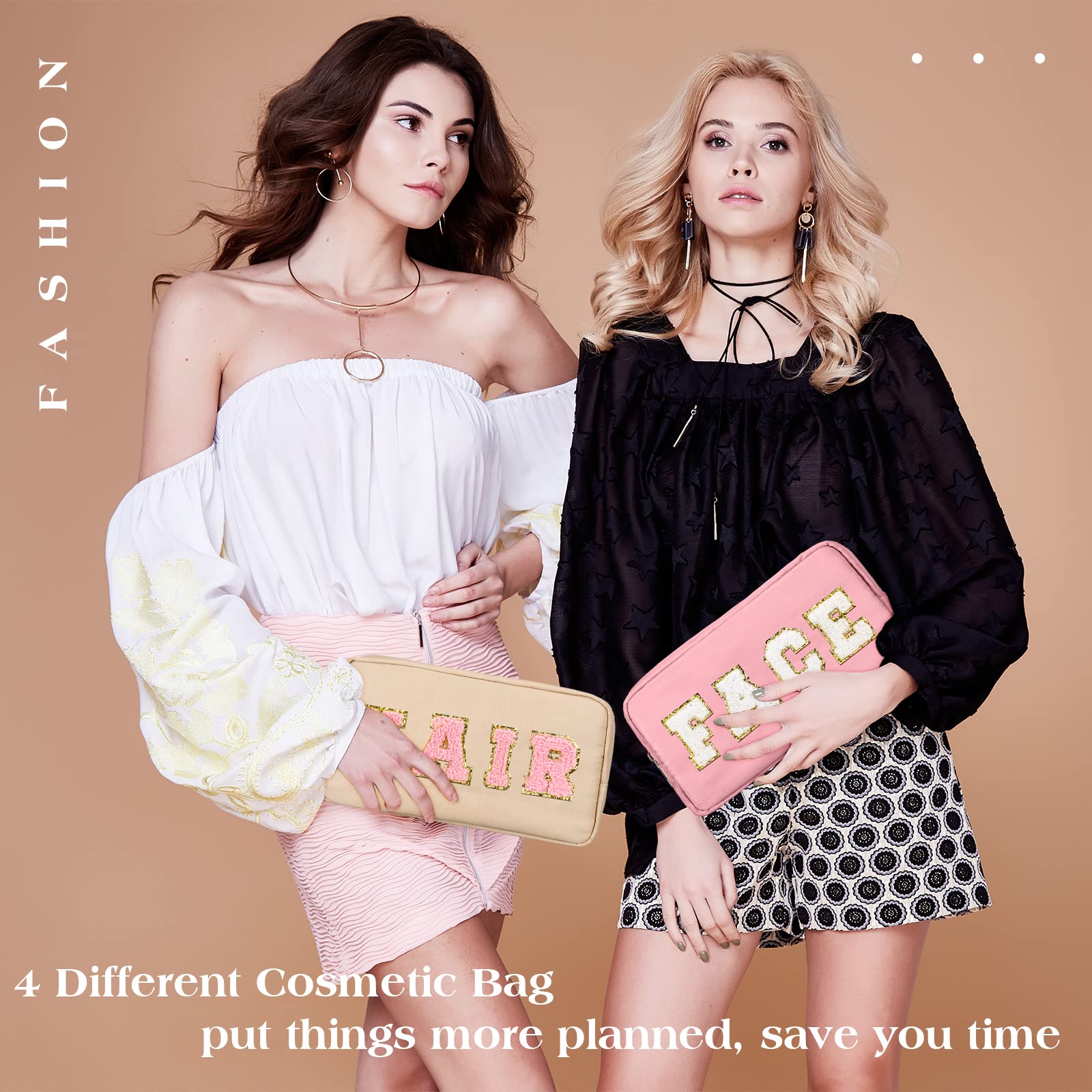 Cunno 4 Pcs Preppy Makeup Bag Chenille Letter Nylon Cosmetic Bag Makeup Bag Toiletry Cosmetic Case Preppy Bag with Zipper Stuff