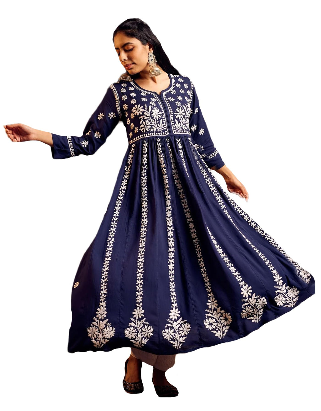 Gosriki Women'S Rayon Blend Chikankari Embroidered Anarkali Kurta (Vavajodo-Blue-Gs_Xl_Blue_X-Large)
