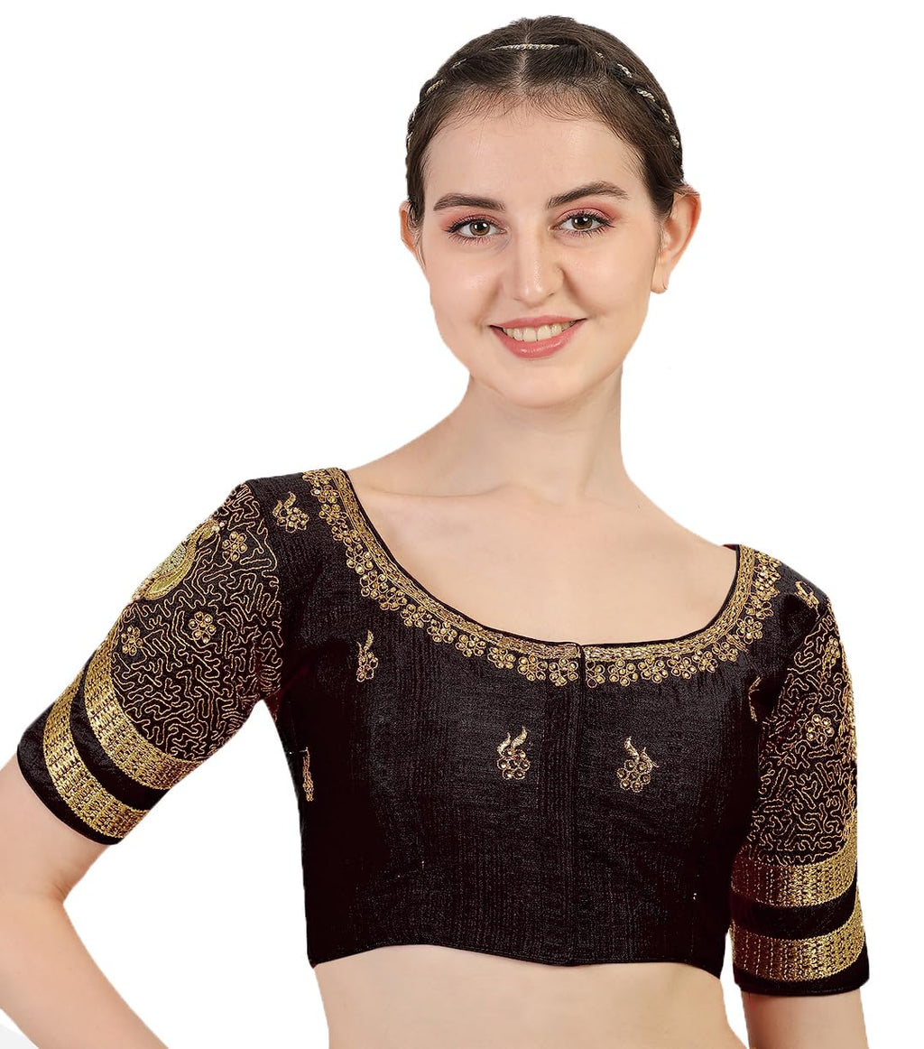 Pujia Mills WomenS Silk Readymade Stylish Design Half Sleeve Maggam Designs Pattu Aari Work Blouse For Wedding (Black Color, 38