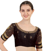 Pujia Mills WomenS Silk Readymade Stylish Design Half Sleeve Maggam Designs Pattu Aari Work Blouse For Wedding (Black Color, 38