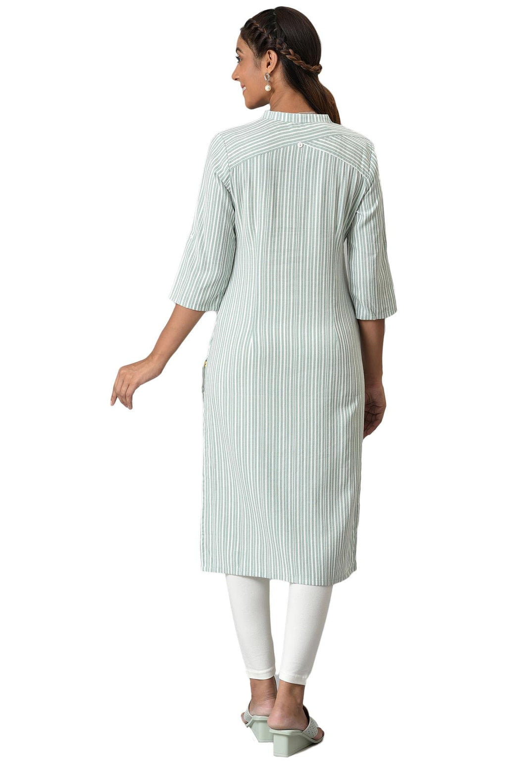 Aurelia Women Green Dobby Stripes Yarn Dyed Straight Kurta