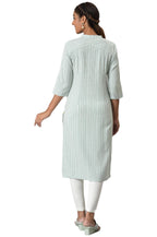 Aurelia Women Green Dobby Stripes Yarn Dyed Straight Kurta