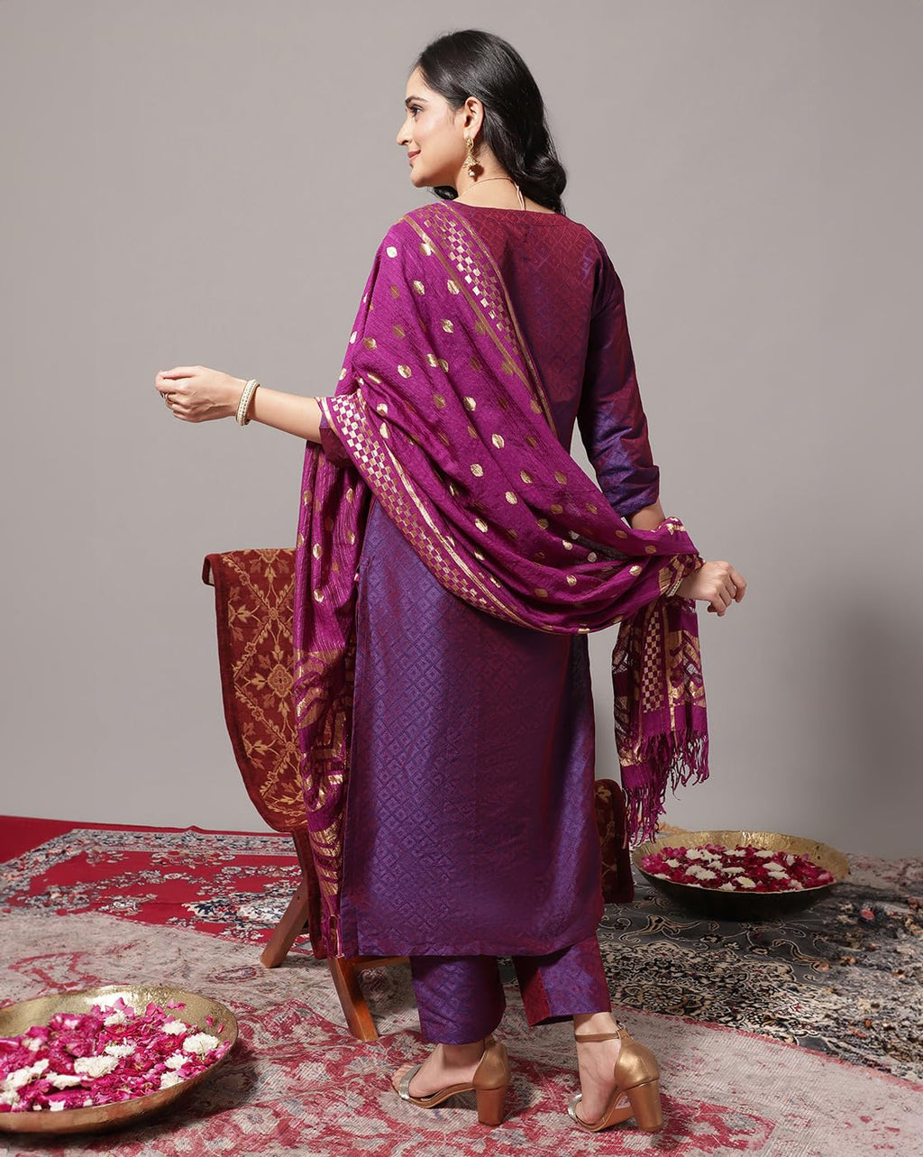 Varanga Women Violet Zari Embroidered Kurta With Three-Quarter Sleeves, Round Neck, Paired With Tonal Bottom And Dupatta