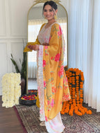 Naixa WomenS Yellow Bsy Viscose Embroidered Flared Kurta With Bsy Viscose Pant And Art Silk Embroidered Laced Dupatta Sets (Nx-