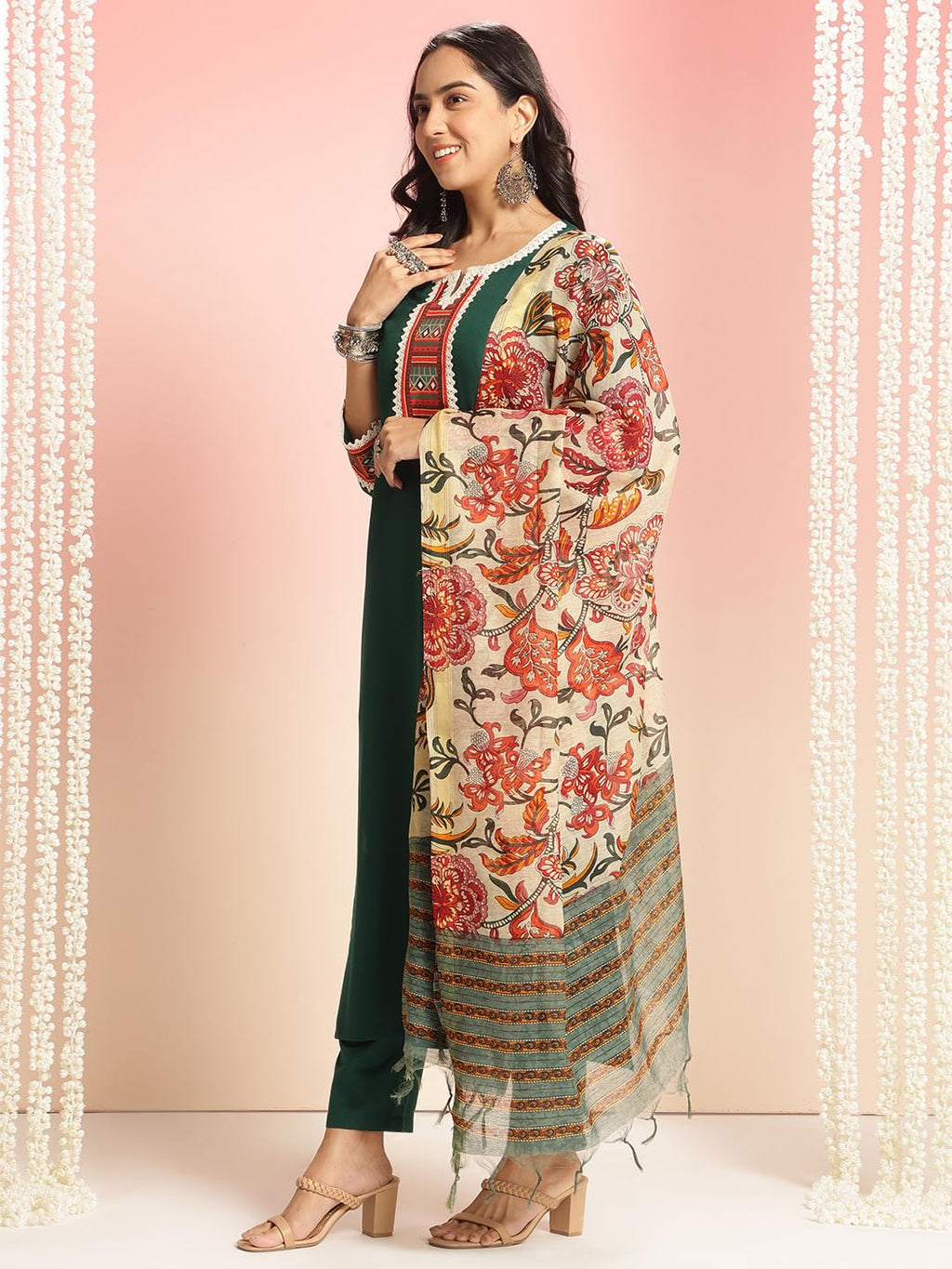 ANNI DESIGNER Womens Rayon Viscose Floral Straight Kurta with Pant & Dupatta (Dhar-CLRS-RB_Green_XX-Large)