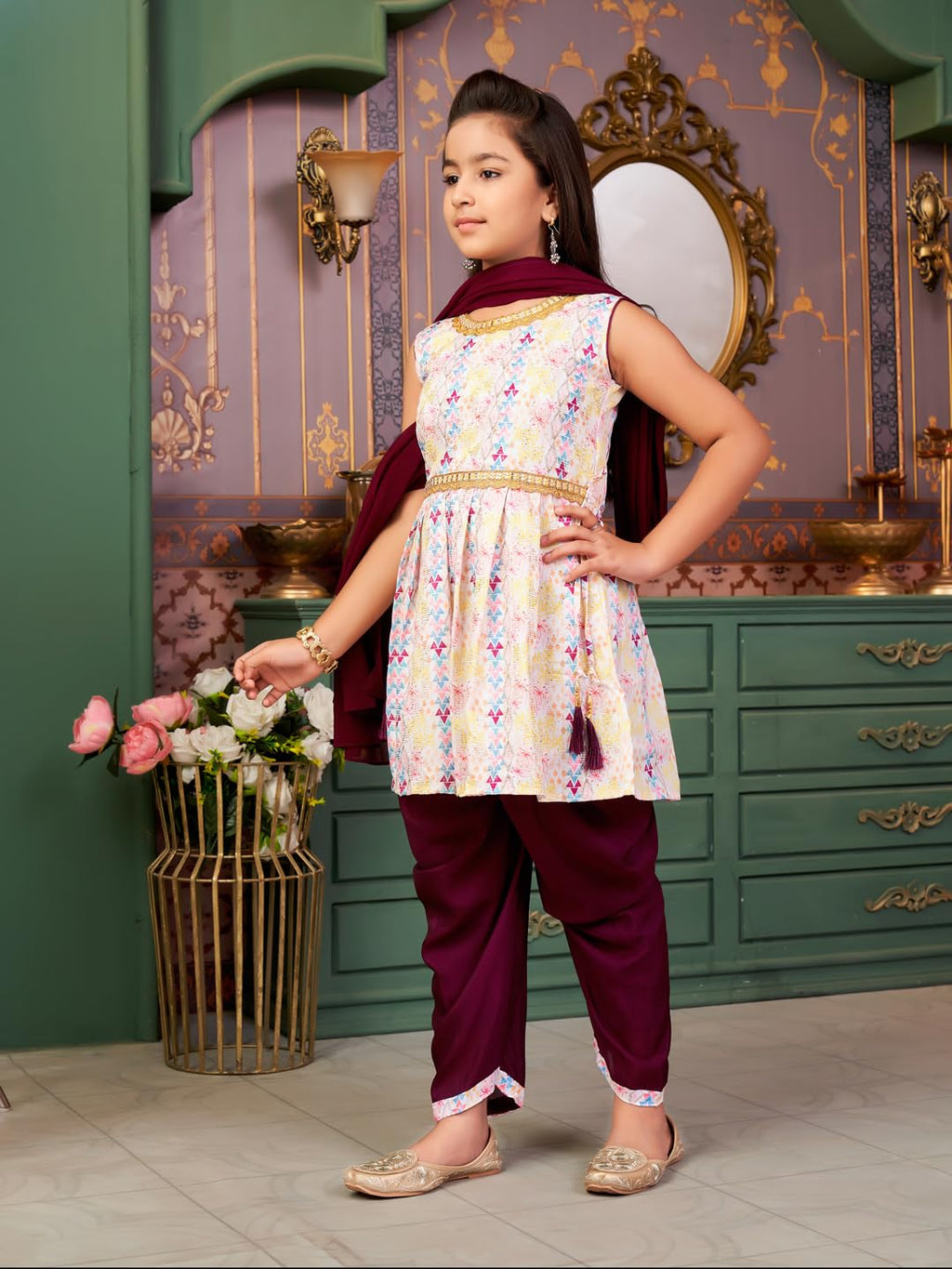Aarika Girls Ethnic Wear Purple-White Colour Sequin Embroidery Lace Work Polycrepe Kurti Patiala Set With Dupatta-3-13 Years (Pt