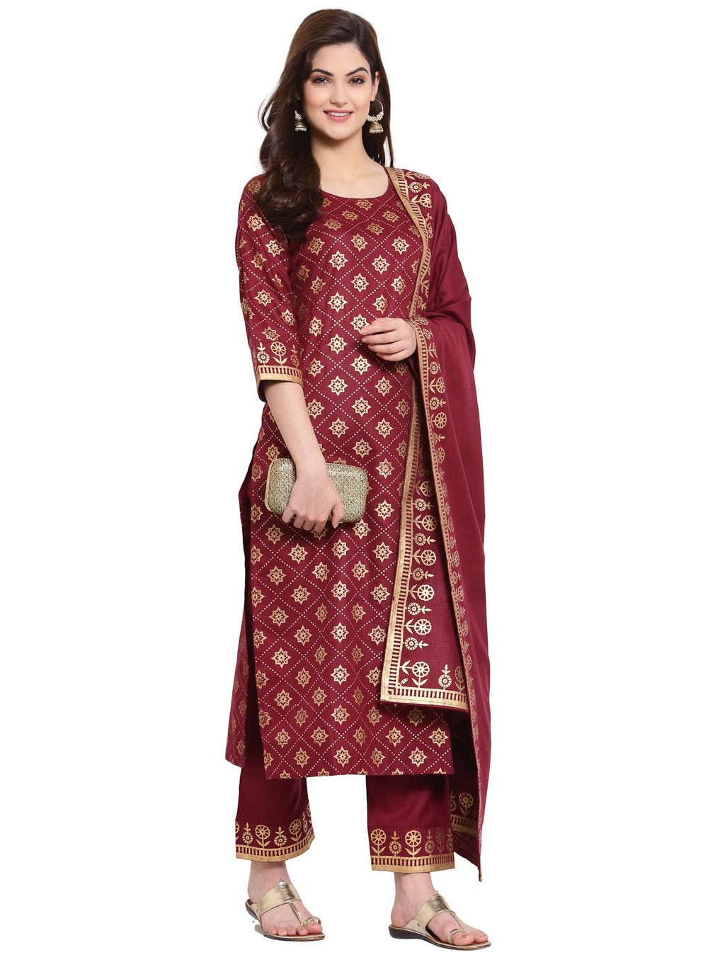 ANNI DESIGNER Women's Straight Cotton Kurta with Palazzo & Dupatta (KPZD-COT-10001-NEW-WINE_XL_Wine_X-Large)