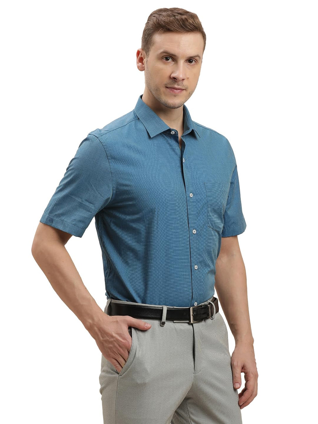 Turtle Men 100% Cotton Solid Slim Fit Steel Blue Formal Shirt