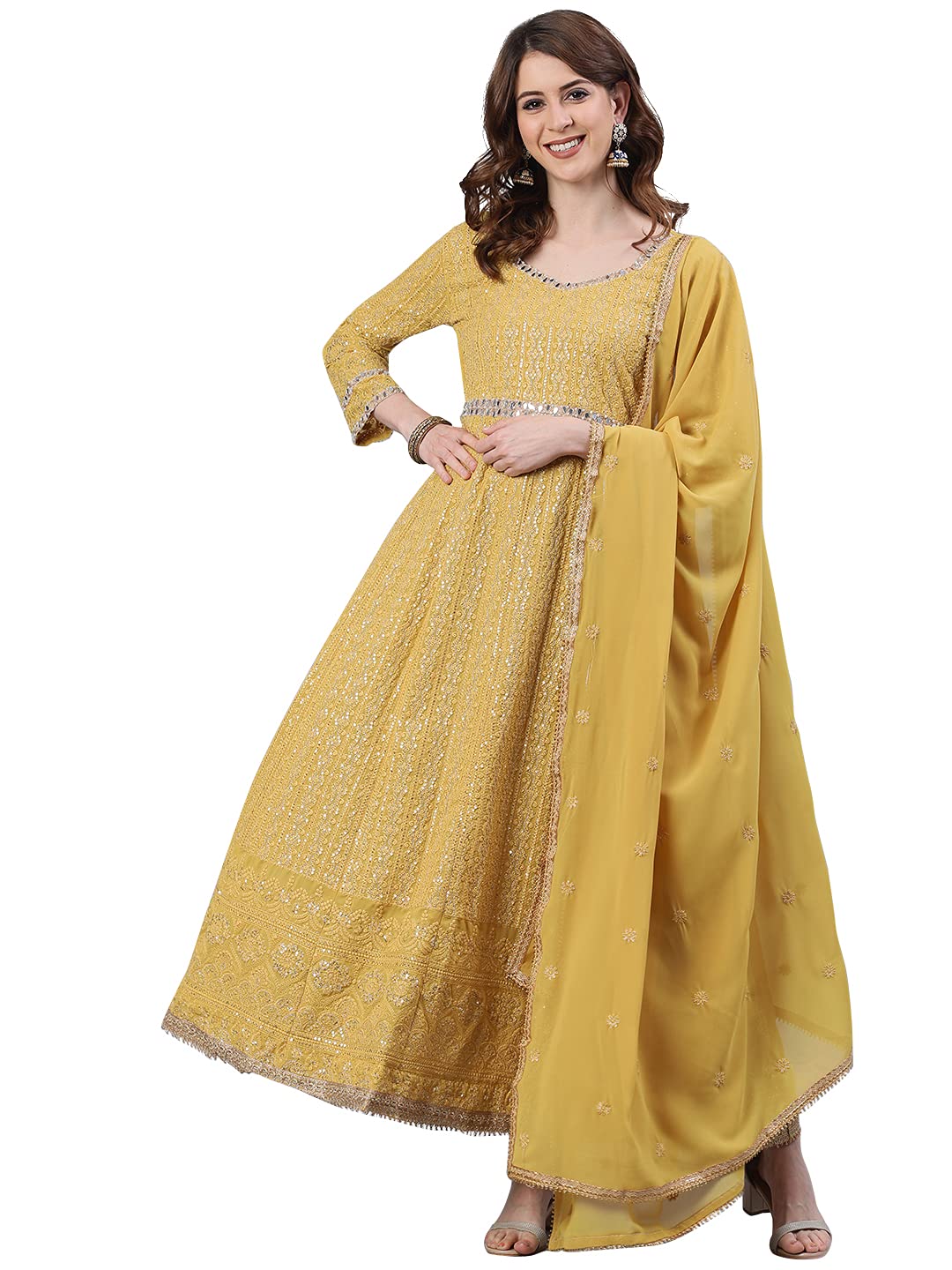 Ishin Women'S Georgette Anarkali Embroidered Chikankari Floral Print Mustard Kurti With Dupatta Kpdsjwtmp-10035_Xxl_Mustard