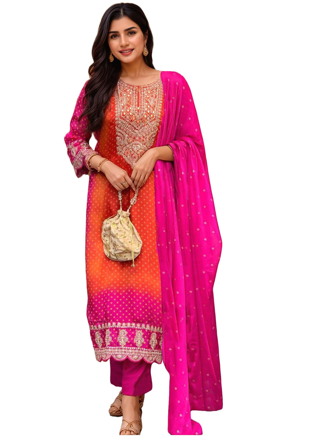 Anni Designer Women'S Rayon Viscose Straight Bandhani Embroidered Kurta With Pant & Dupatta (Lasivan Pink-Vks05_4Xl_Pink_Xxxx-La