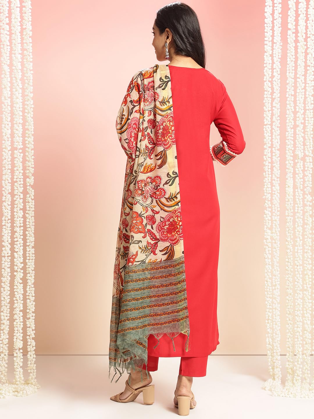 ANNI DESIGNER Womens Rayon Viscose Floral Straight Kurta with Pant & Dupatta (Dhar-CLRS-RB_Red_X-Large)