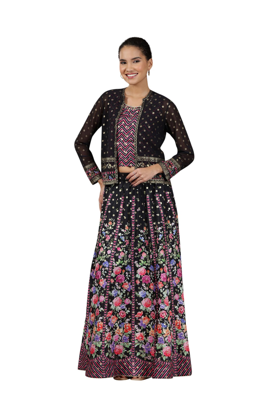 Aurelia Womens Pink Geometric Printed Sleeveless Top, Black Sheer Jacket and Flared Skirt Set