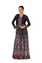 Aurelia Womens Pink Geometric Printed Sleeveless Top, Black Sheer Jacket and Flared Skirt Set