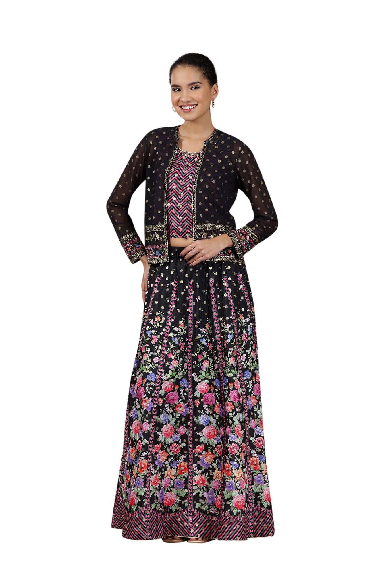 Aurelia WomenS Pink Geometric Printed Sleeveless Top, Black Sheer Jacket And Flared Skirt Set