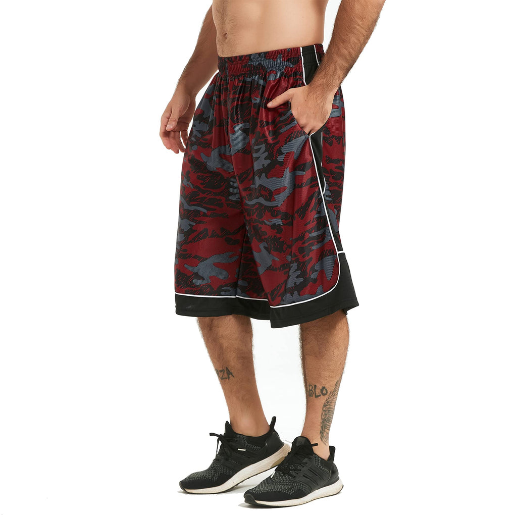HQUEC Men's 12 Long Basketball Shorts Athletic Workout Gym Camo Shorts Below Knee Loose-Fit with Pockets Red XL