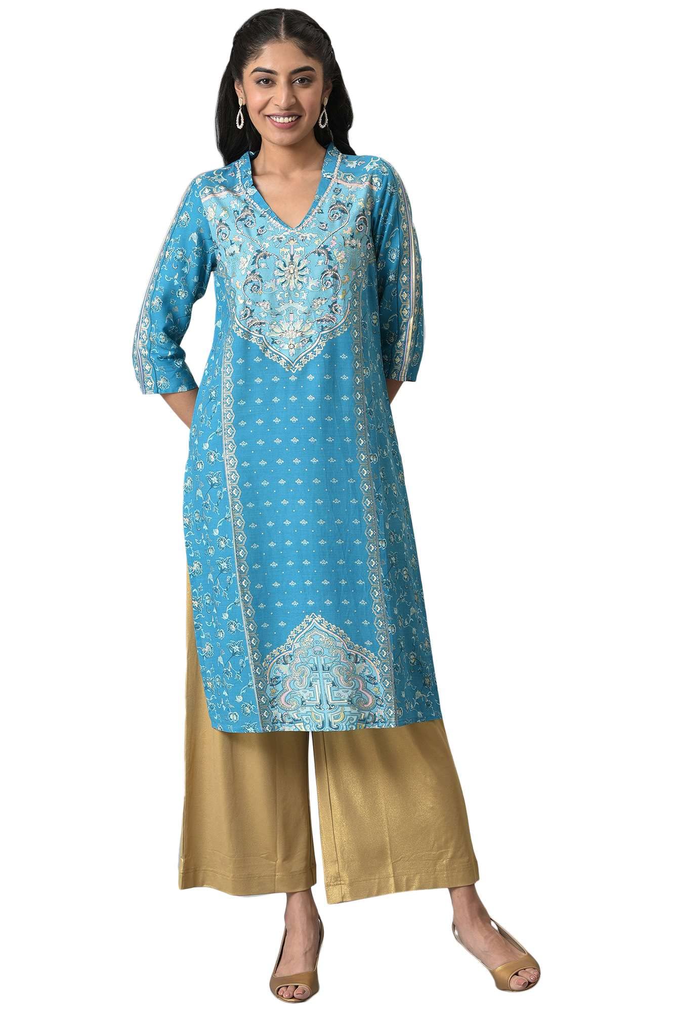 Aurelia Women Enamel Blue Rayon Floral Printed Straight Kurta_22AUA12654-504822_S