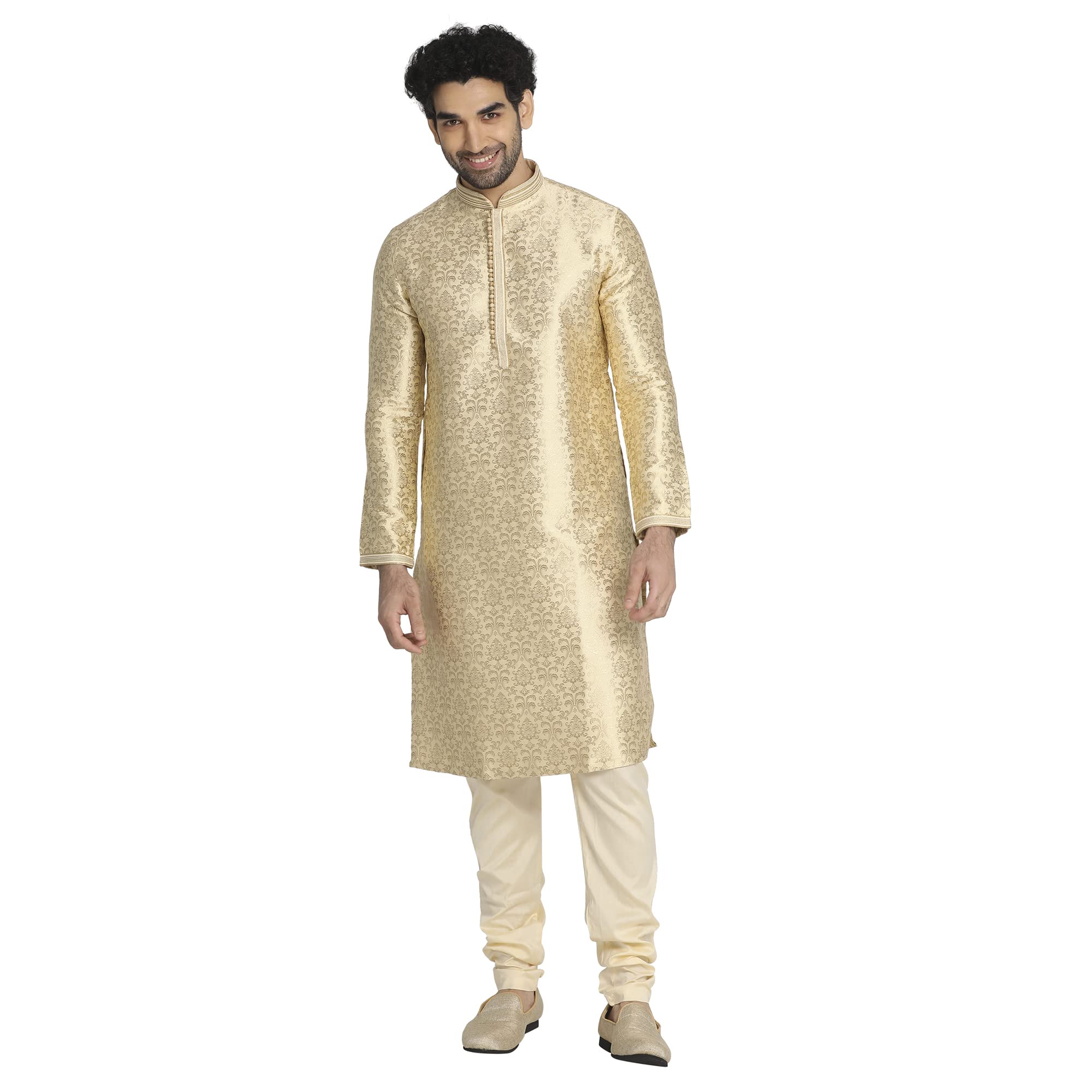 Manyavar Jacquard Weave Knee Long Full Sleeves Kurta And Churidar Set For Men - (Beige, X-Large)