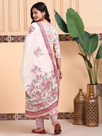 Ishin Floral Printed V-Neck Pure Cotton Kurta With Trousers & Dupatta | Kurta Set For Women | Kurta With Trousers And Dupatta