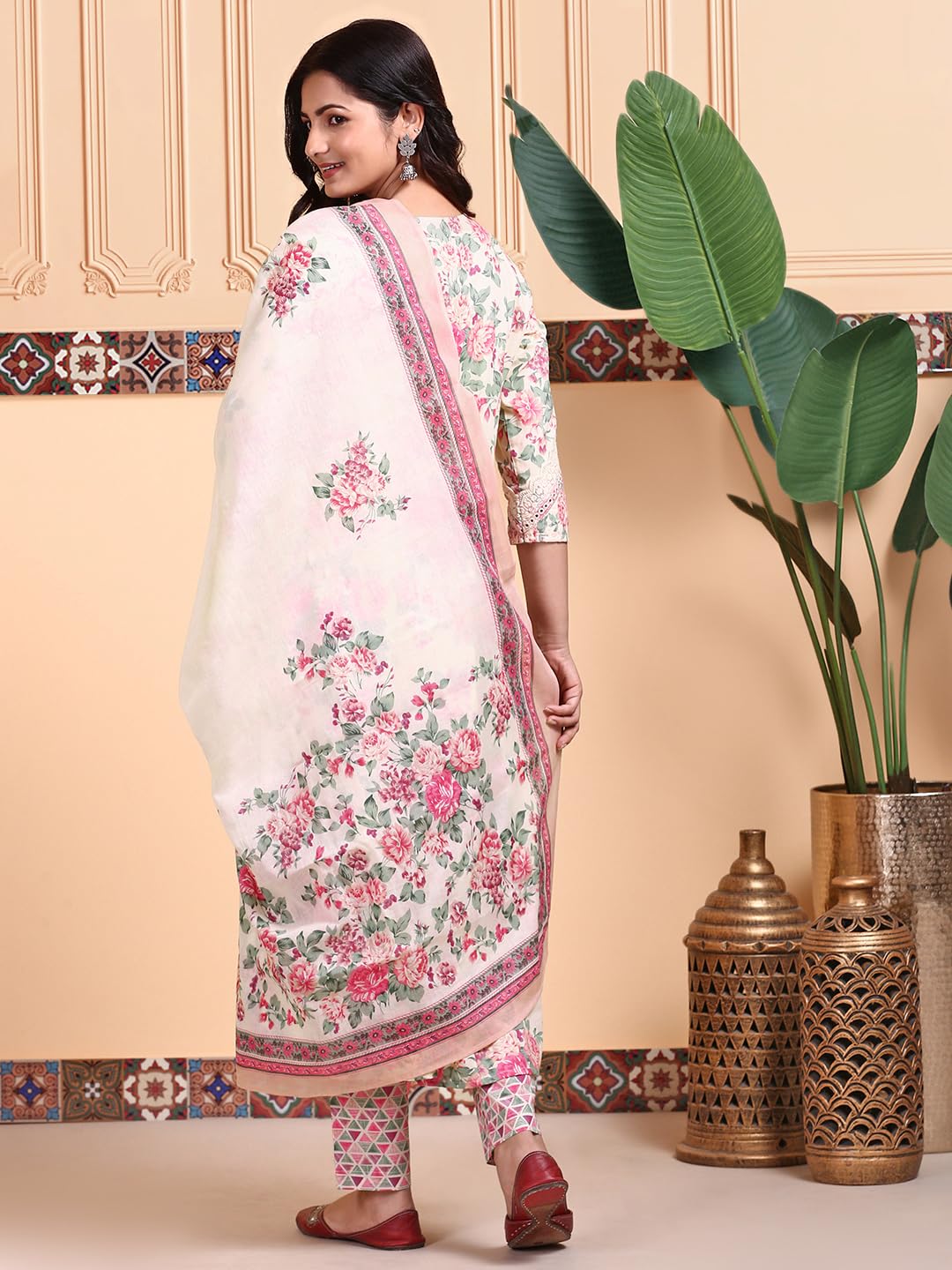 Ishin Floral Printed V-Neck Pure Cotton Kurta With Trousers & Dupatta | Kurta Set For Women | Kurta With Trousers And Dupatta