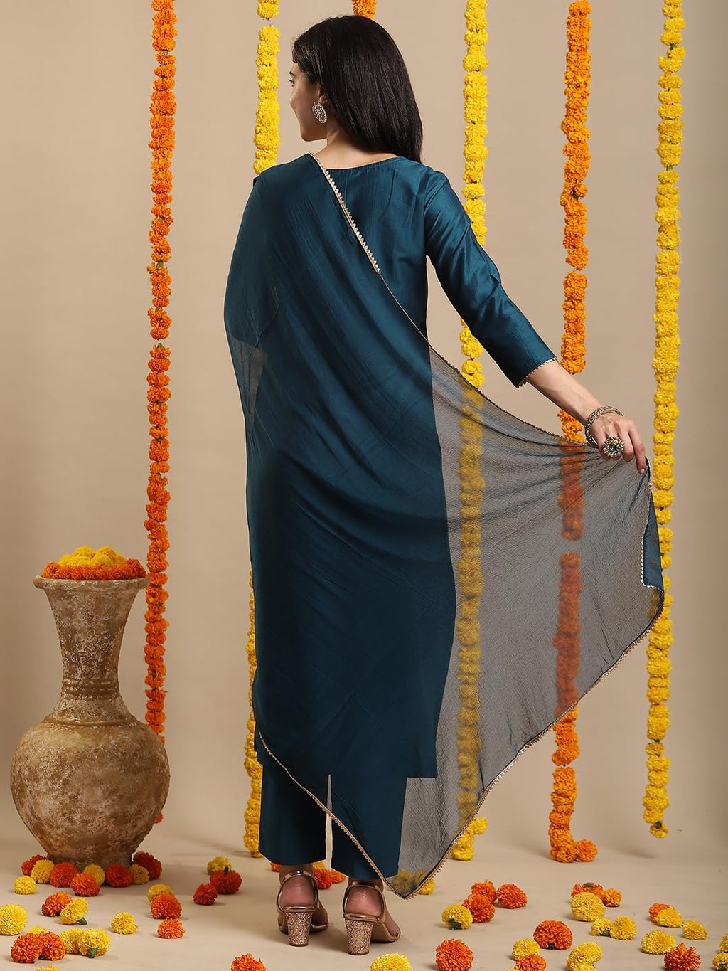 ANNI DESIGNER Womens Rayon Viscose Straight Embroidered Kurta with Pant & Dupatta (SIKAND CEROSIN-VKS01_S_Dark Blue_Small)