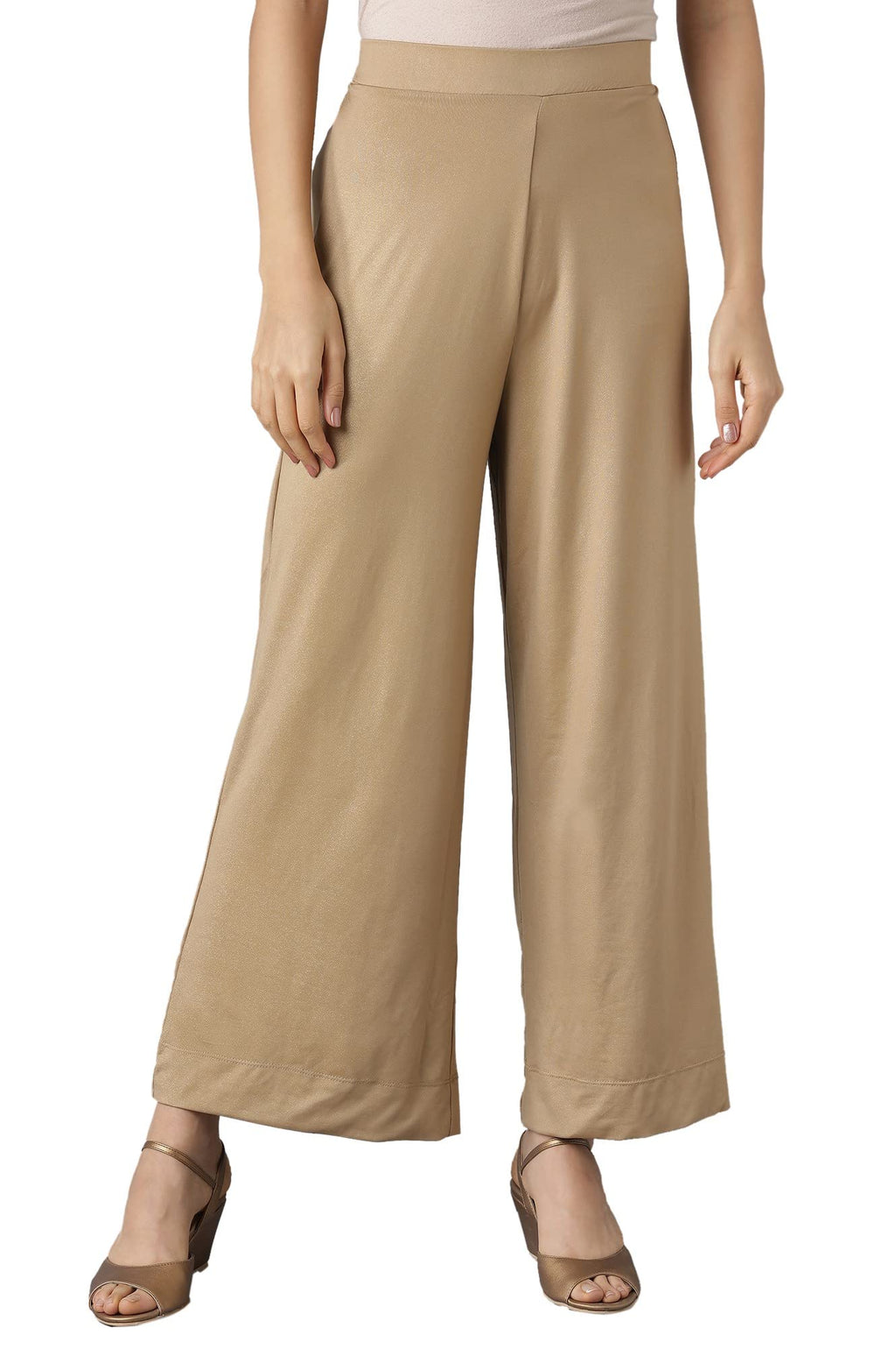 Aurelia Gold Solid Poly-Blend Palazzos Ethnic Bottomwear