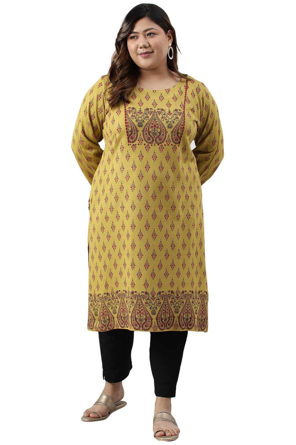 W For Woman Women'S Crepe Paisley Print Regular Kurta (22Now18338G-119376P_Green Sulphur