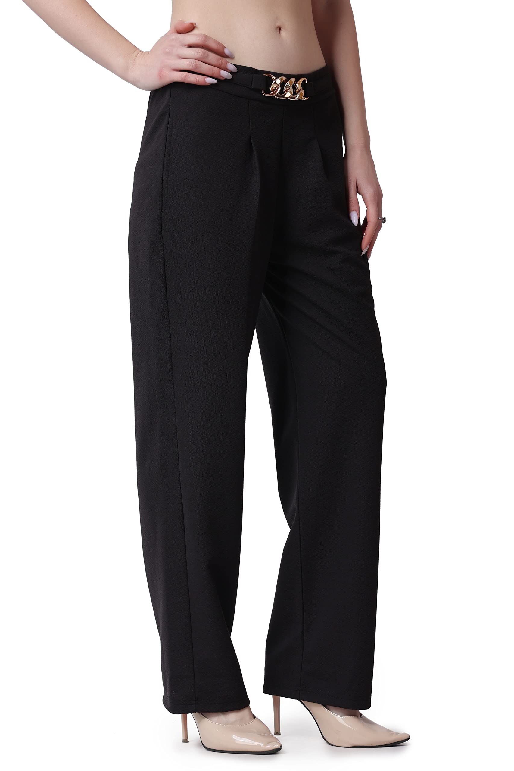 POPWINGS Solid Full-Length Pull-On Polyester Regular-Fit Formal Work Trousers for Women Black