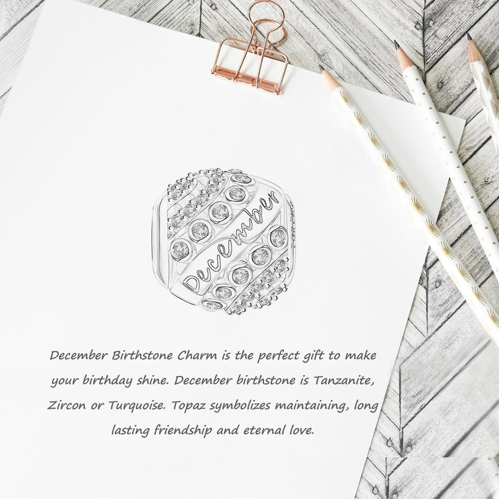 FOREVER QUEEN December Birthstone Charms for Charms Bracelet- 925 Sterling Silver Bead Openwork Charms, Happy Birthday Charms fo