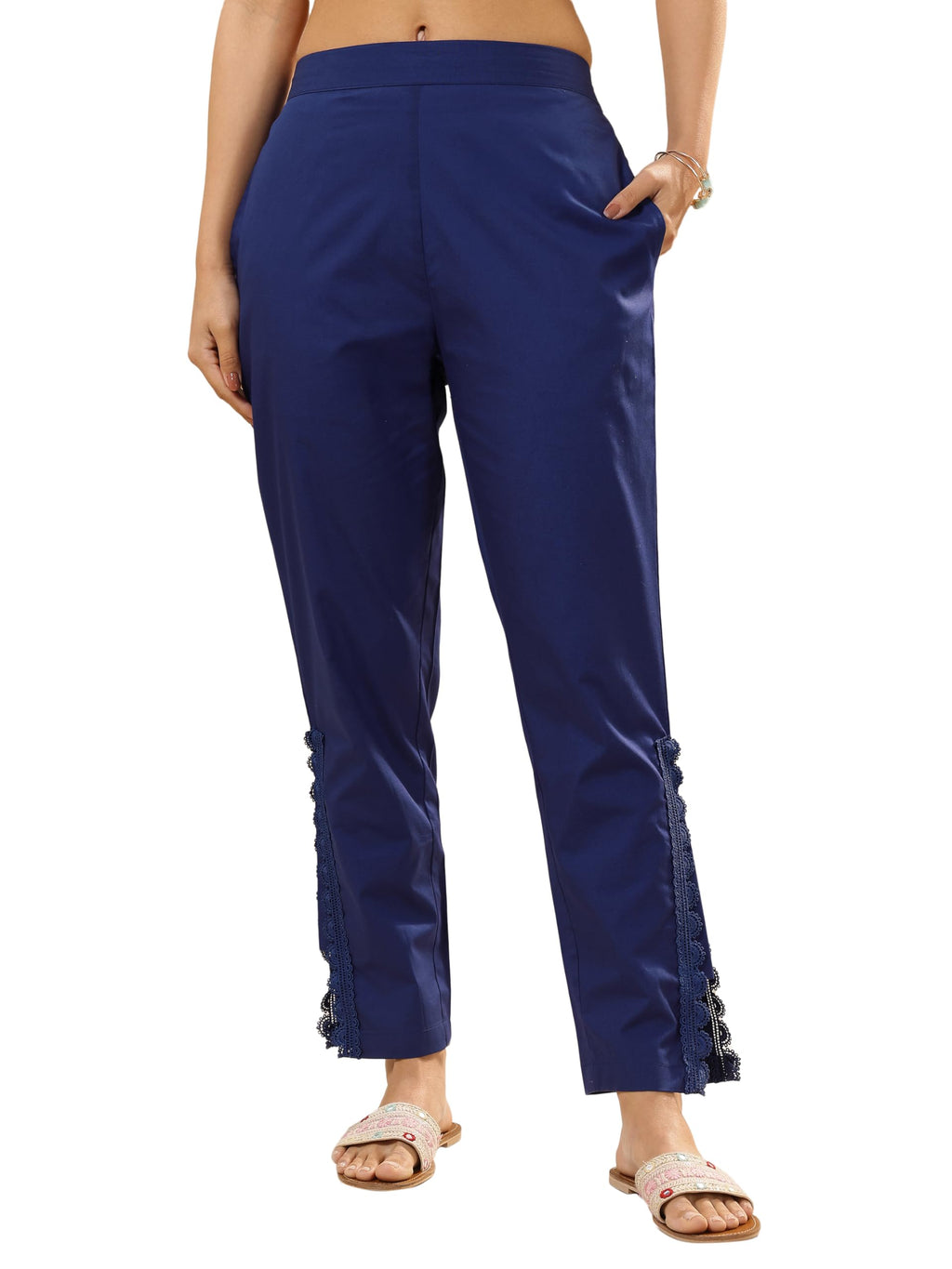 Libas Womens Self Design Cotton Trousers For Women Blue