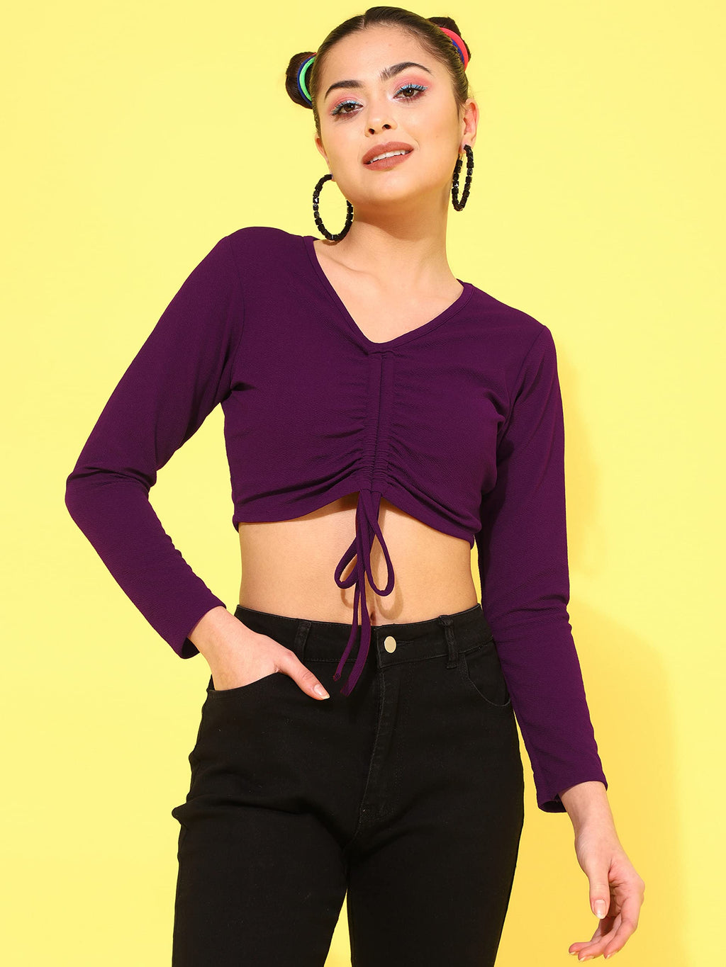 OOMPH! V Neck Crop Tops for Women, Maroon - mt501
